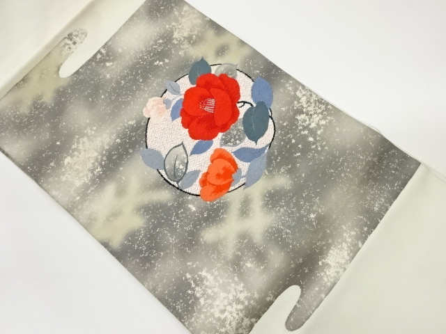 引箔丸文に椿模様織出し名古屋帯